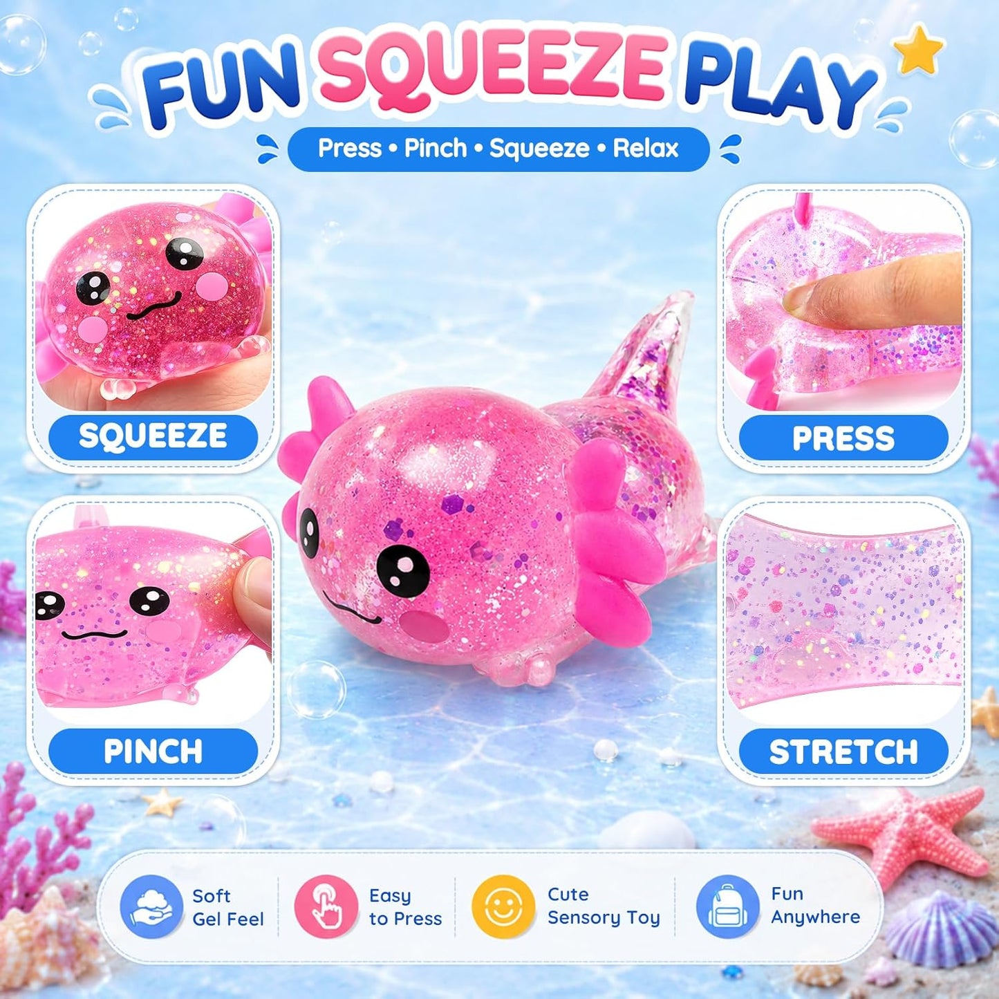 Axolotl Squishy Stress Ball,Soft Slow Rising Stress Relief Toy,Cute Slow Rising Fidget Toy for Stress Relief,Anxiety Sensory Gifts for Birthday Party Favors(Pink)