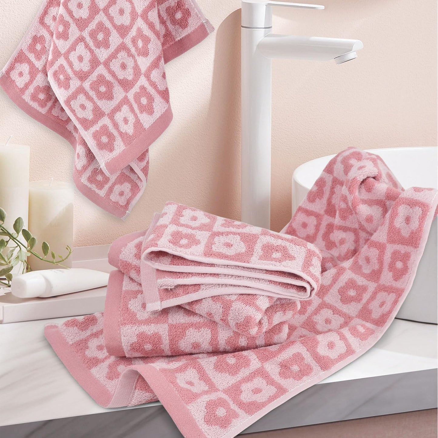 Jacquotha Pink Checkered Floral Hand Towels - Quick Drying Hand Towel Set of 4, for Women Girls Bathroom Decor, 29” x 13”