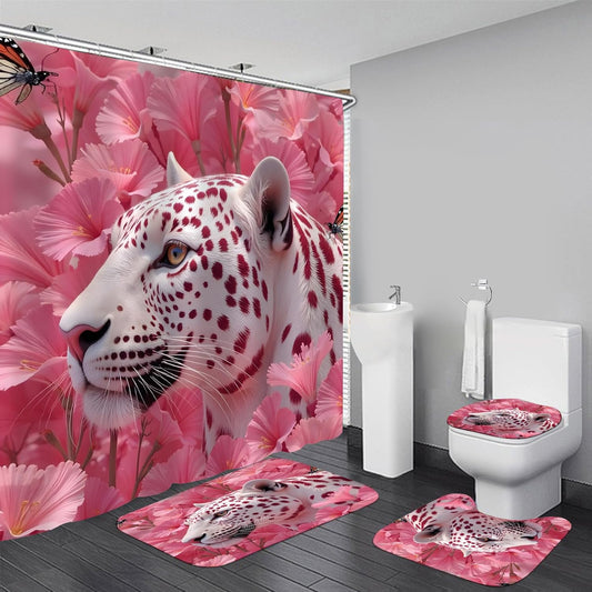 4 Pcs Pink Floral Leopard Shower Curtain Set - Whimsical Jungle Safari Animal Bathroom Decor, Waterproof Fabric Bath Curtain with Toilet Lid Cover, Non-Slip Bath Rugs, Cute Bathroom Essentials