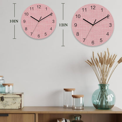 Coral Pink Linen Weave Wall Clock Battery Operated Non-Ticking 12" Round Wood Clocks, Soft Pastel Texture Kitchen Wall Clock for School Bathroom Living Room Home Office Wall Decor