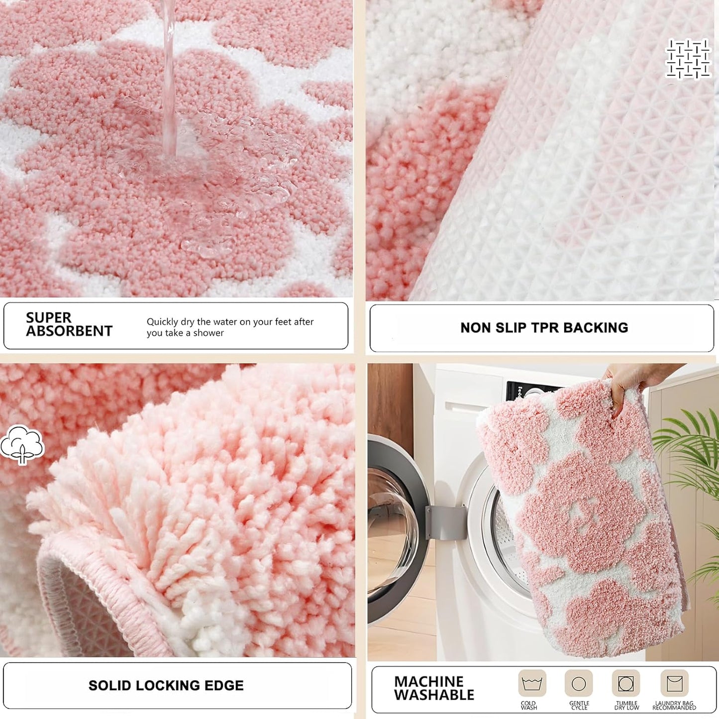 Civkor Pink and White Bathroom Rug, Tufted Flower Bath Mat for Bathroom with Non Slip TPR Backing, Quick Dry Microfiber Surface, Soft and Super Water Absorbent Bath Rug, 31x20Inch