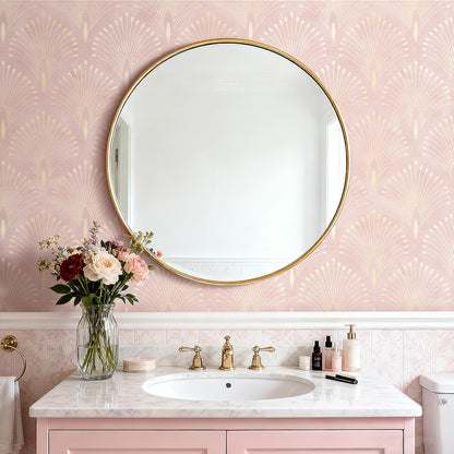 17.5x393 Art Deco Peel and Stick Wallpaper Pink and Gold Girl Bedroom Wall Paper Accent Wall Covering Light Pink Contact Paper Kids Room Nursery Cute Girly Wallpaper Sheets Renter Friendly
