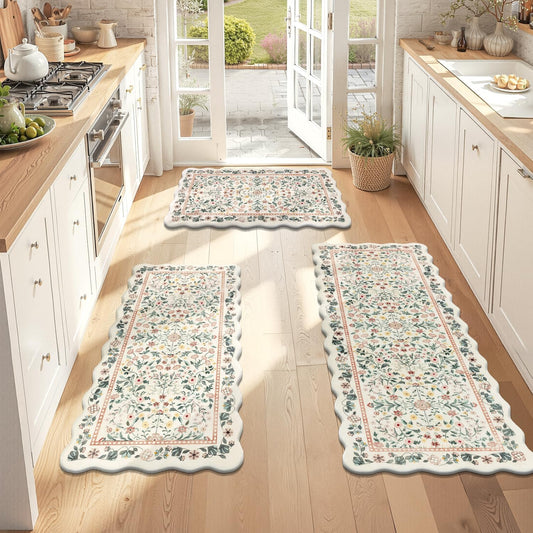 Yamaziot Anti Fatigue Kitchen Rugs Set of 3 - Boho Non Slip Waterproof Kitchen Mats for Floor, Boho Runner Rug for Kitchen Floor, Laundry, Desk, Office, 17.3"x29"+17.3"x35"+17"x47.3", Beige & Pink