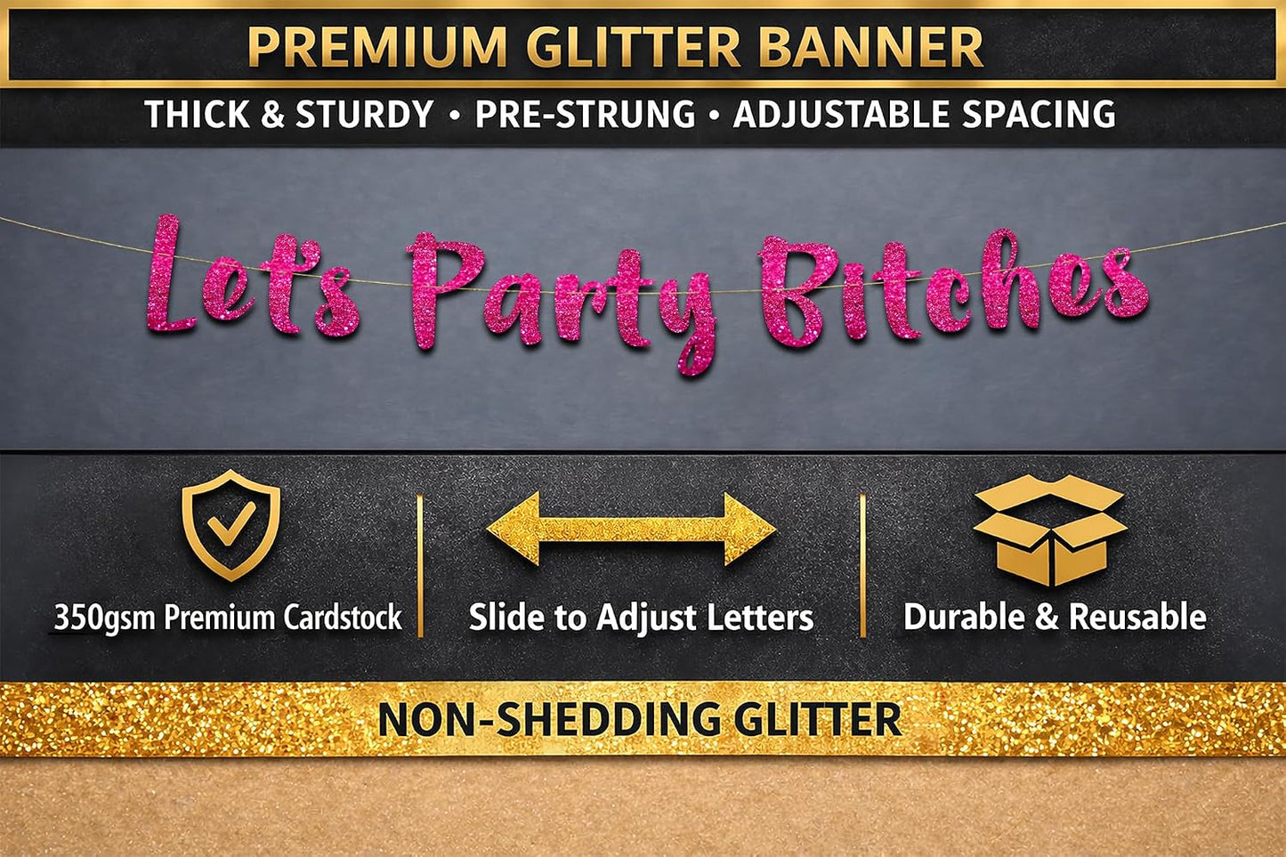 Pre-Strung Let's Party Bitches Pink Glitter Banner - Funny Bachelorette Party Decorations for Her - Party Supplies, Favors and Gifts