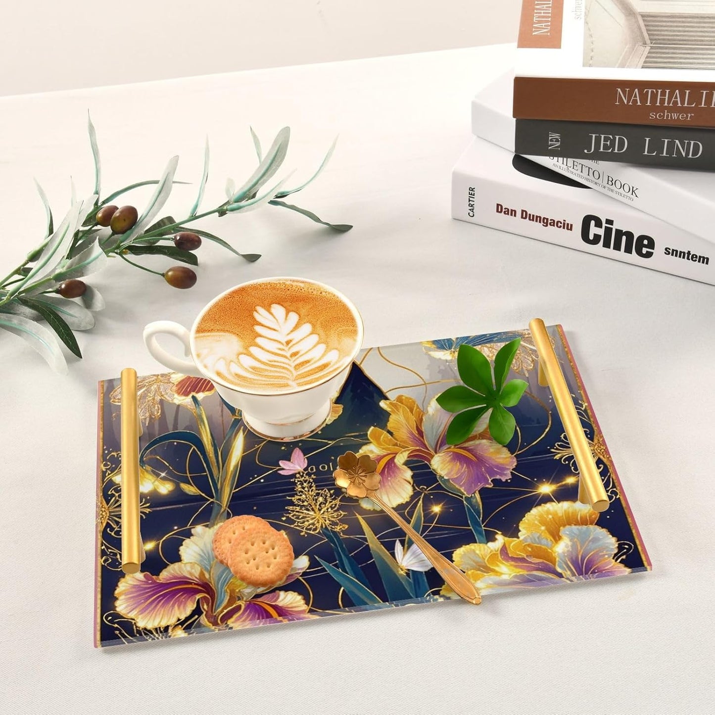 Pink and Gold Retro Flowers Decorative Rectangle Trays with Handles Trays for Eating for Jewelry Perfume for Bar Kitchen Party, Amber