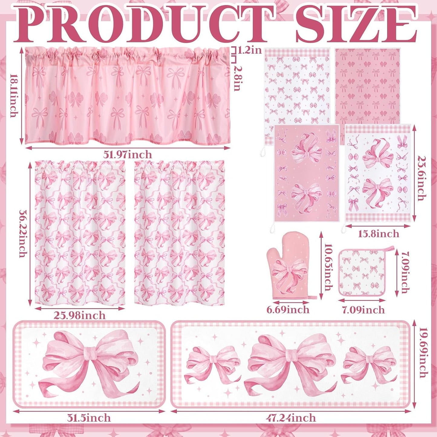 Fourluoo 13 Pcs Pink Bow Kitchen Decor Set 4 Coquette Kitchen Towels 2 Cute Nonslip Rugs and Mats 3 Pink Curtains Valance 2 Pot Holders 2 Oven Mitt for Home Decoration Mom Cooking Grilling Baking Gift