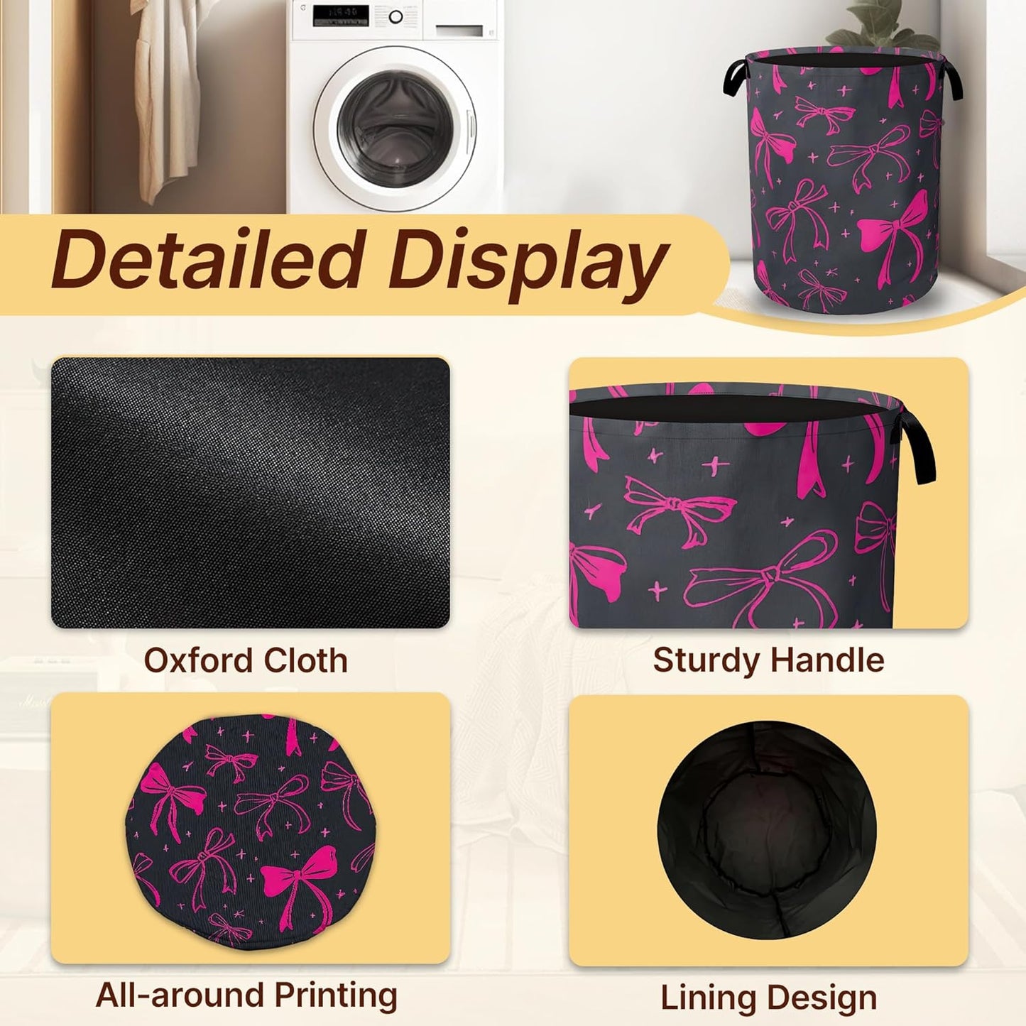 Laundry Hamper Foldable with Handles,Cute Pink Bowknot Oxford Cloth Basket,Large Capacity Storage Organizer for Bedroom Bathroom Dorm Room