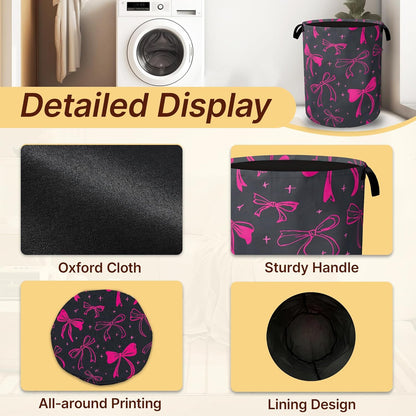 Laundry Hamper Foldable with Handles,Cute Pink Bowknot Oxford Cloth Basket,Large Capacity Storage Organizer for Bedroom Bathroom Dorm Room