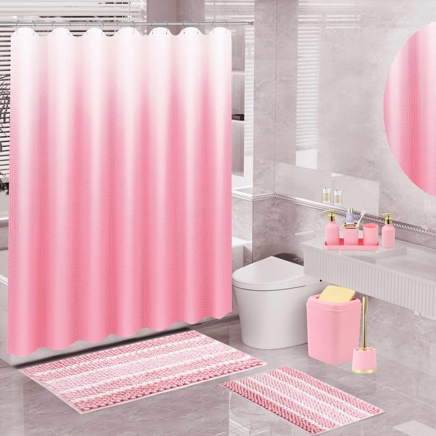 XLHOMO 25PCS Pink Bathroom Accessories Sets Complete, with Shower Curtain, Rugs, Trash Can and Toilet Brush, Toothbrush Holder and Cup, Soap Dispenser, Soap Dish, Qtip Holder, Bathroom Decor Sets