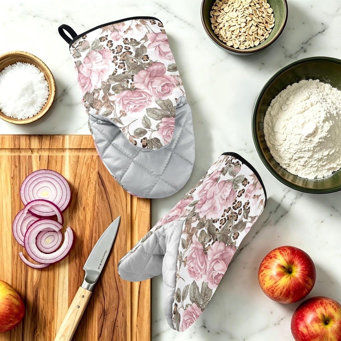 Oven Mitt 2 Pack Set Leopard Print Pink Rose Kitchen Mitts Gloves for for Cooking Baking Grilling