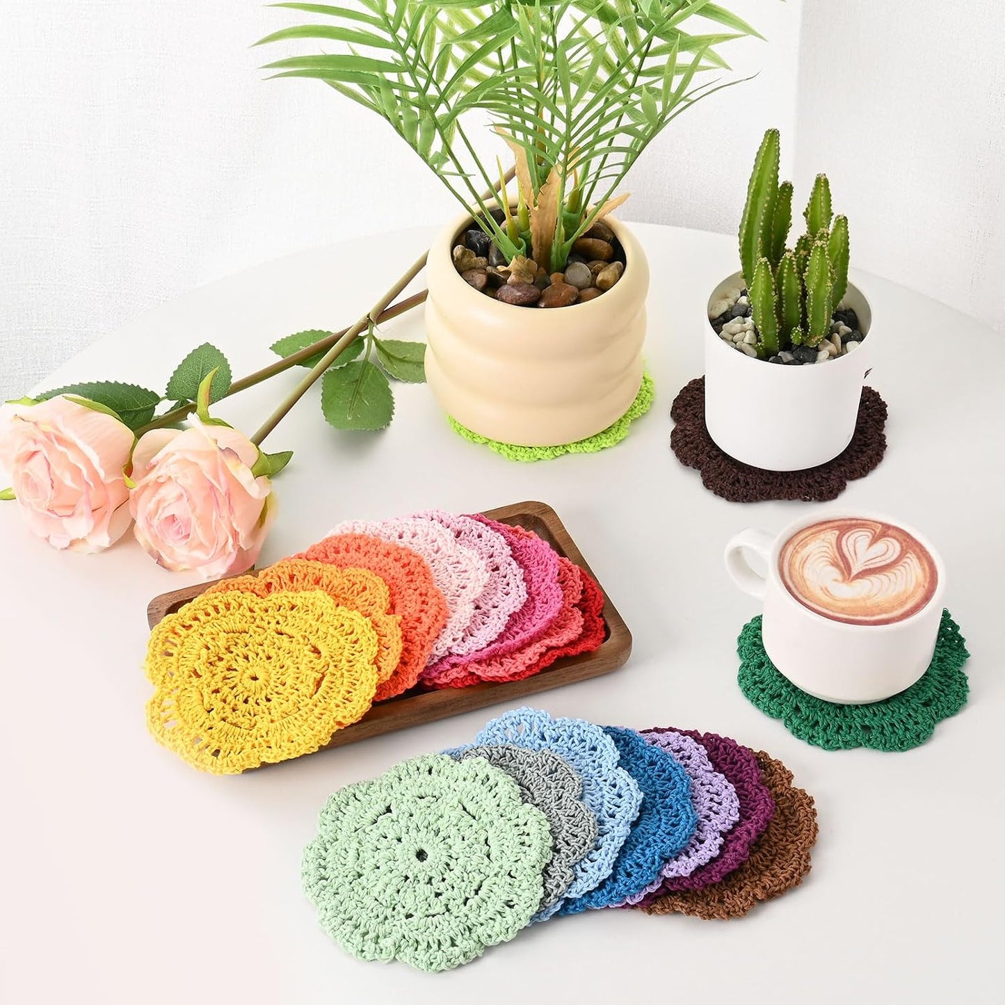 M METERXITY 8-Pack Handmade Crochet Coasters, 4Inch/10cm Round Cotton Placemats for Table/Cup/Bowl/Vase/Tea Trays/Home Decoration, Lace Doilies Place Mats [Light Pink]