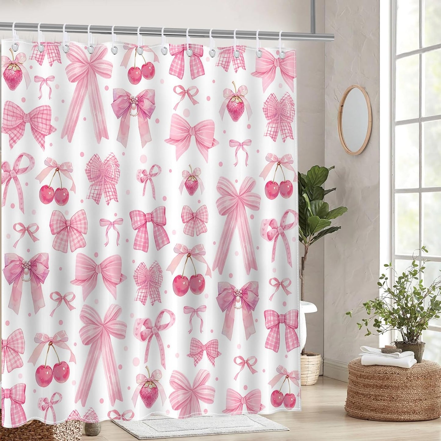Mocsicka Pink Bow Shower Curtain Valentines Pink Bow Cherry Strawberry Bathroom Shower Curtain Cute Pink Bow Aesthetic Waterproof Fabric Shower Curtain Bathtub Decor with 12 Hooks 72 X 72 inch