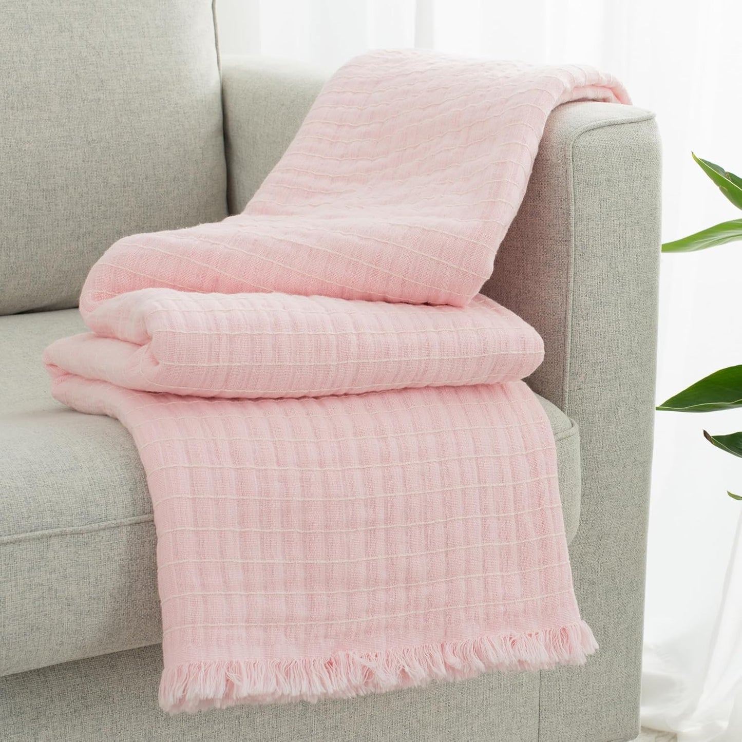 Muslin Throw Blanket for Bed 100% Cotton Gauze Fall Blankets Lightweight Soft Cozy Breathable Summer Throws for Adults All Seasons Use,90"x90" Queen Size Pink