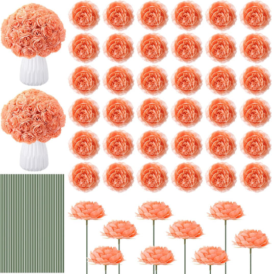 Thiccywoov 200 Pcs Flowers Long Stem Artificial Rose Bulk, 3.2 Inches Silk Rose Head Flowers Faux for Wedding Bridal Bouquet Independence Day Home Floral DIY Centerpieces Party Decoration(Peach)