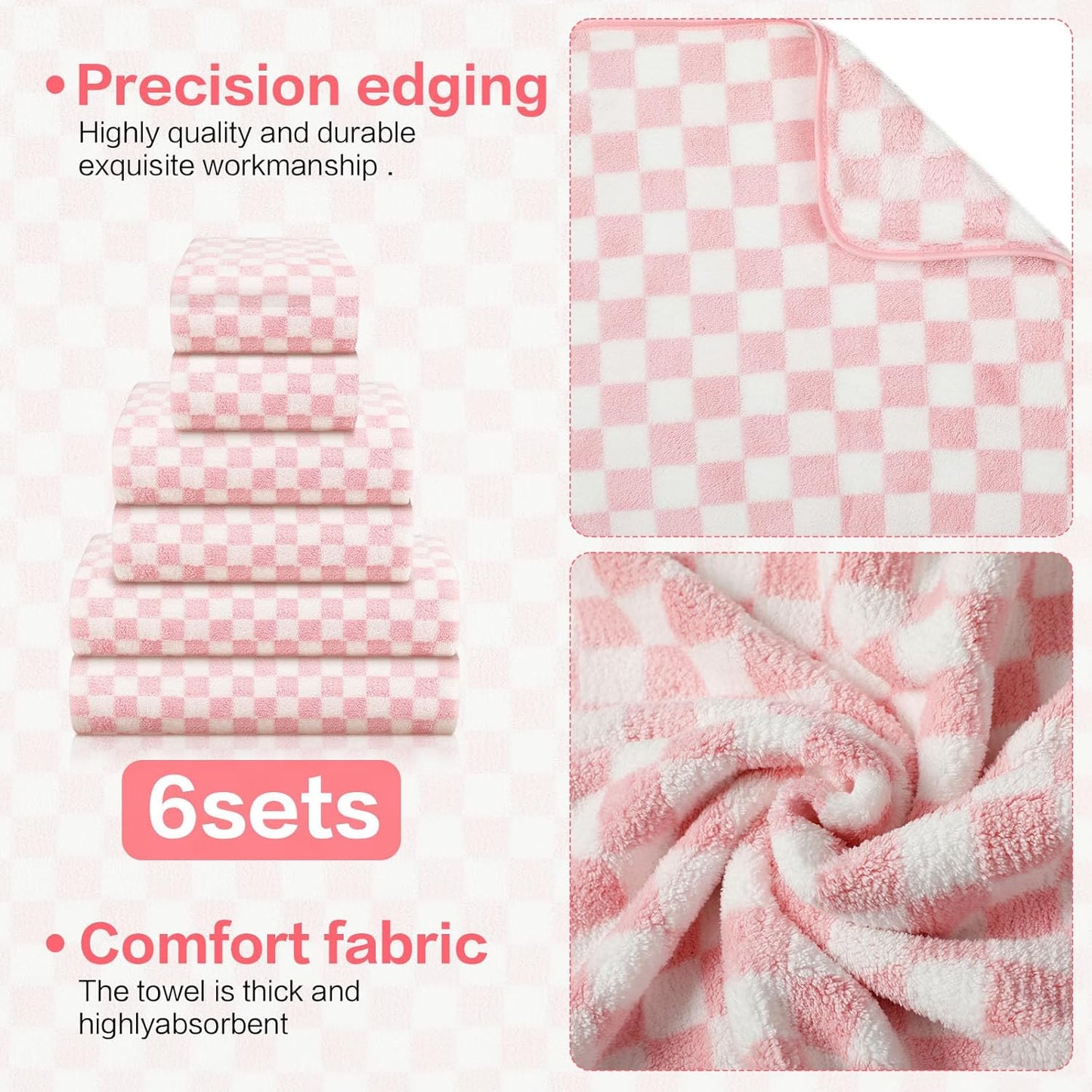 Kinlop 6 Pcs Checkered Bath Towels Set Coral Washcloth Soft Fleece Quick Dry Patterned Hand Towel for Bathroom Back to School Gym Spa Beach Accessories(Pink,Checkered)
