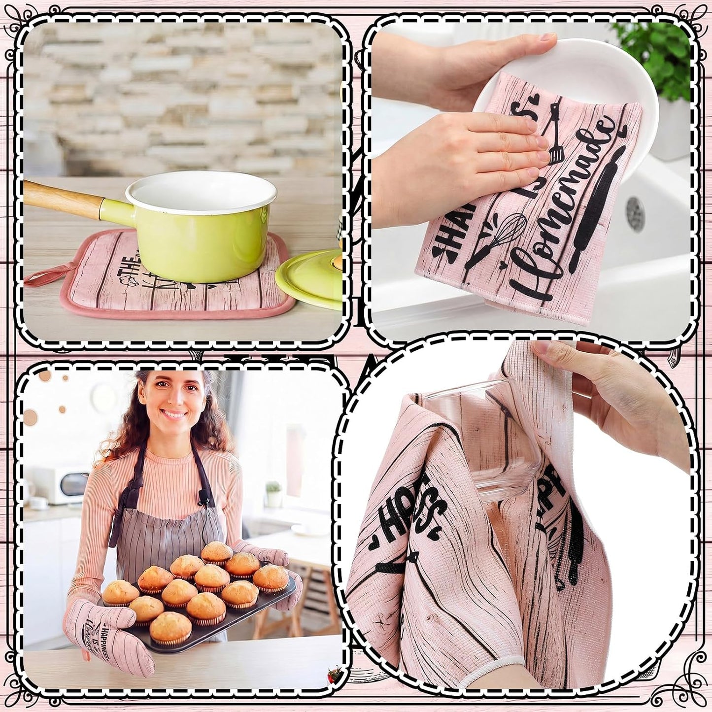 Fourluoo 10 Pcs Farmhouse Pink Kitchen Decor and Accessories Set Kitchen Towels and Rugs Pot Holders Oven Mitts for Cooking Baking Mom Housewarming Gifts