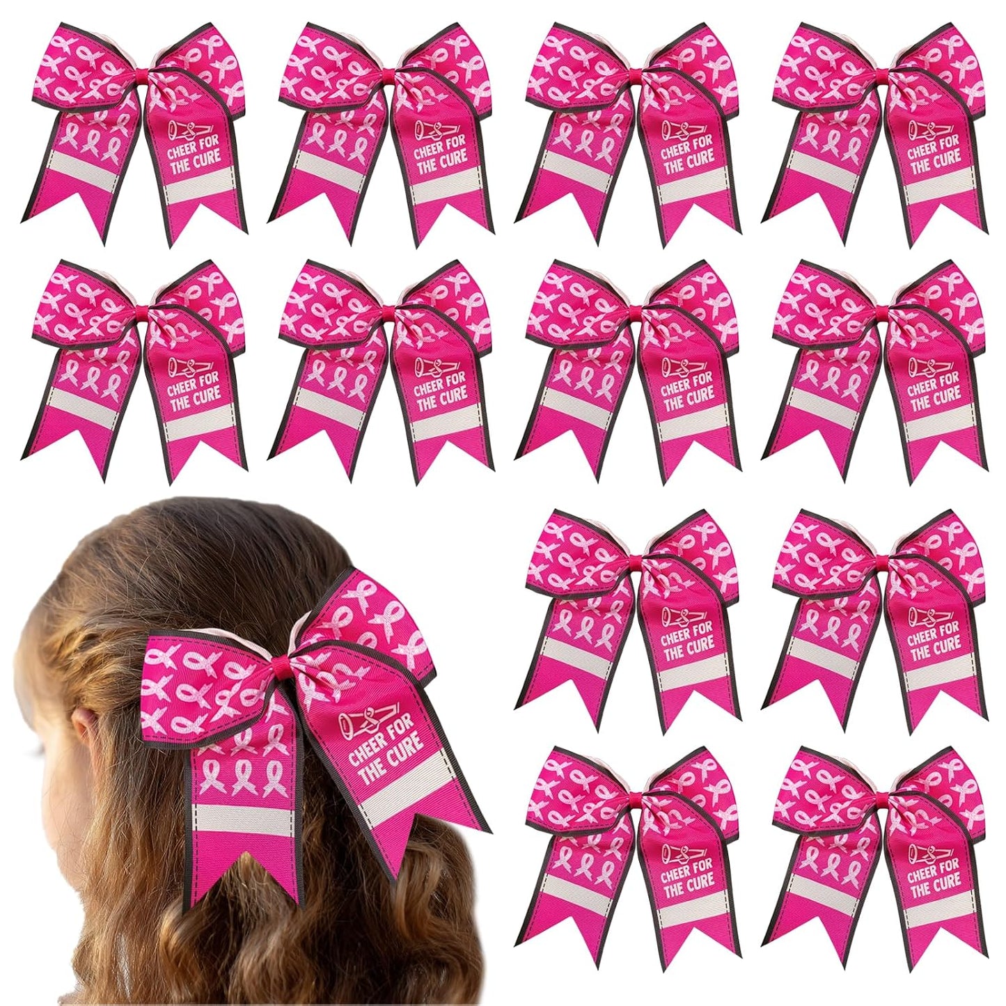 7 Inch Breast Cancer Awareness Football Cheer for The Cure Pink Ribbon Hair Bow Ponytail Holder Elastic Cheerleader Hair Band Hair Accessories for for Teens Women(B)
