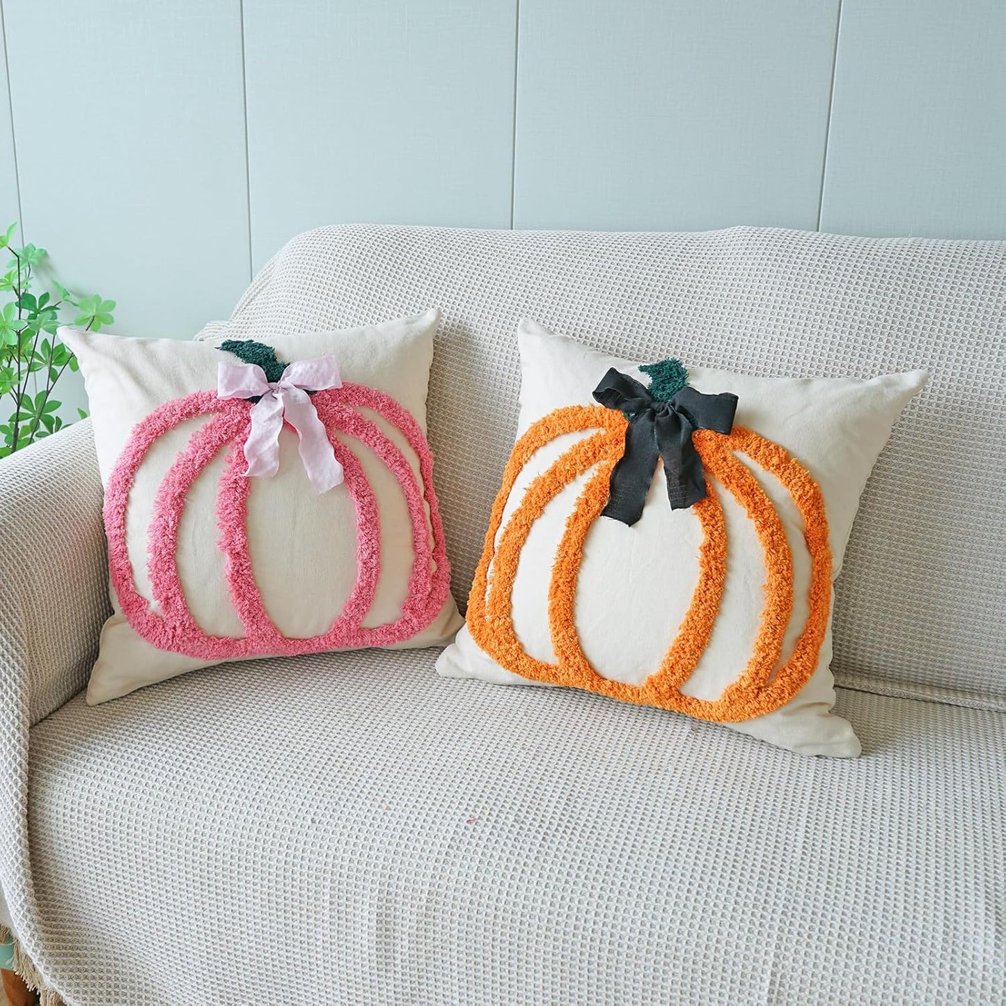 Set of 2 Fall Pumpkins Decorative Pillow Covers, Cute Bowknot Cotton Tufted Farmhouse Throw Cushion Cases for Autumn Thanksgiving Holiday Home Decorations(Pink,18"x18")