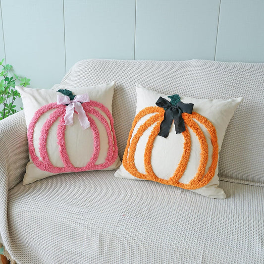 Set of 2 Fall Pumpkins Decorative Pillow Covers, Cute Bowknot Cotton Tufted Farmhouse Throw Cushion Cases for Autumn Thanksgiving Holiday Home Decorations(Pink,18"x18")