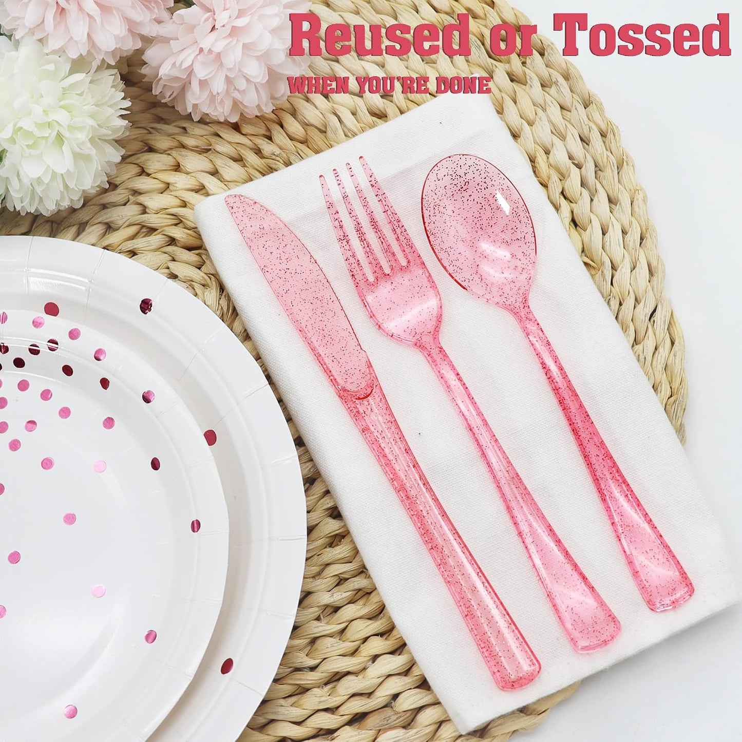 150 Pcs Pink Silverware Set Heavy Duty Pink Plastic Silverware - 50 Forks, 50 Knives, 50 Spoons for Brithday, Valentine's Day, Wedding, Baby Shower, Bridal Shower
