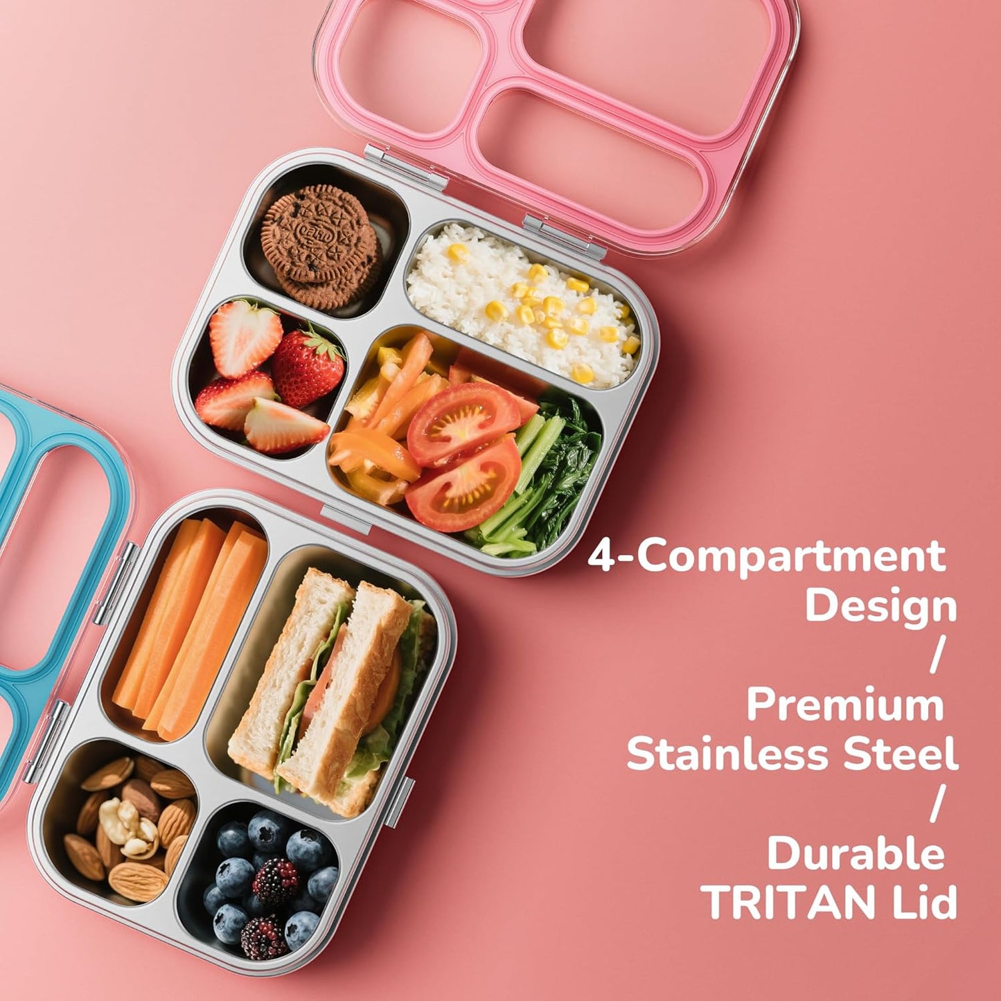 G.a HOMEFAVOR Stainless Steel Lunch Box - 4 Compartments Bento Box for Kids, Leakproof Food Container for School, Office, Dishwasher Safe, BPA-Free, 800 ml/27 oz, Pink