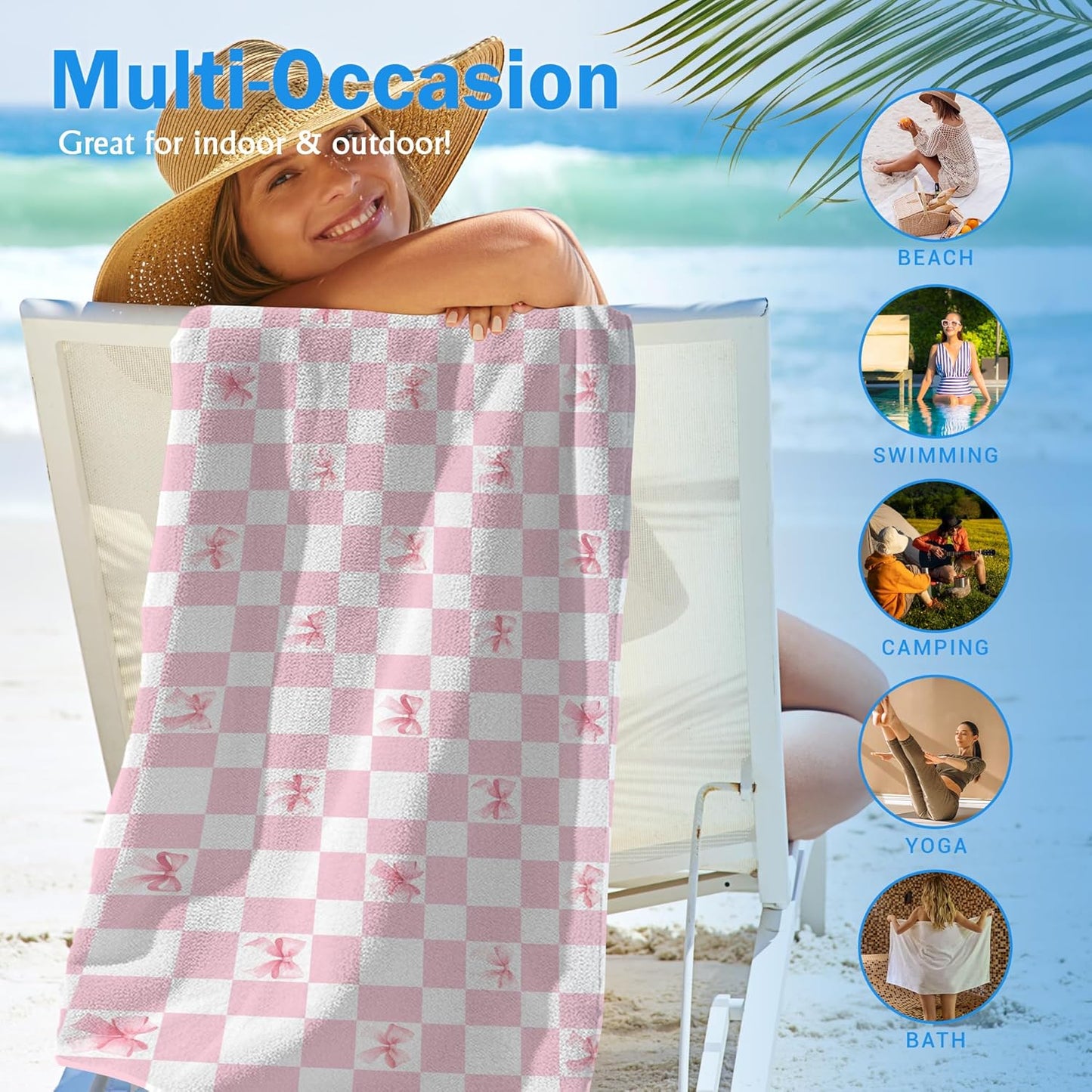 Pink Coquette Bow Checkered Beach Towel, Preppy Beach Towels Oversized Gifts for Women, Girly Aesthetic Checkered Dry Travel Sand Free Towel Decor for Bathroom Swimming Pool 30x60in
