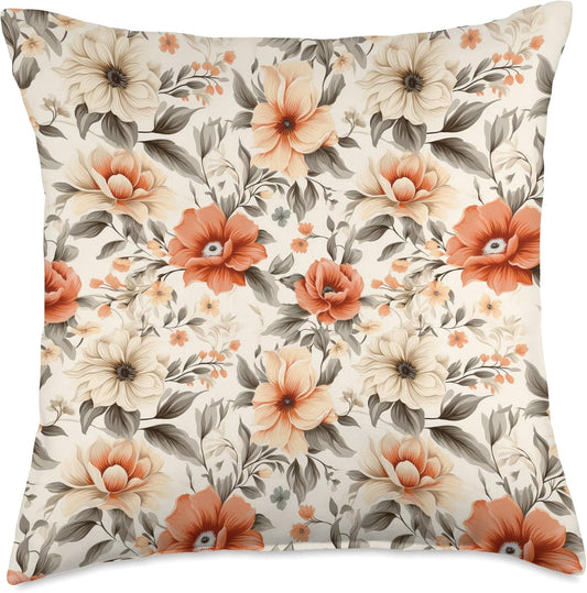 Pretty Vintage Flowers Peach Gray Cream Floral Pattern Throw Pillow