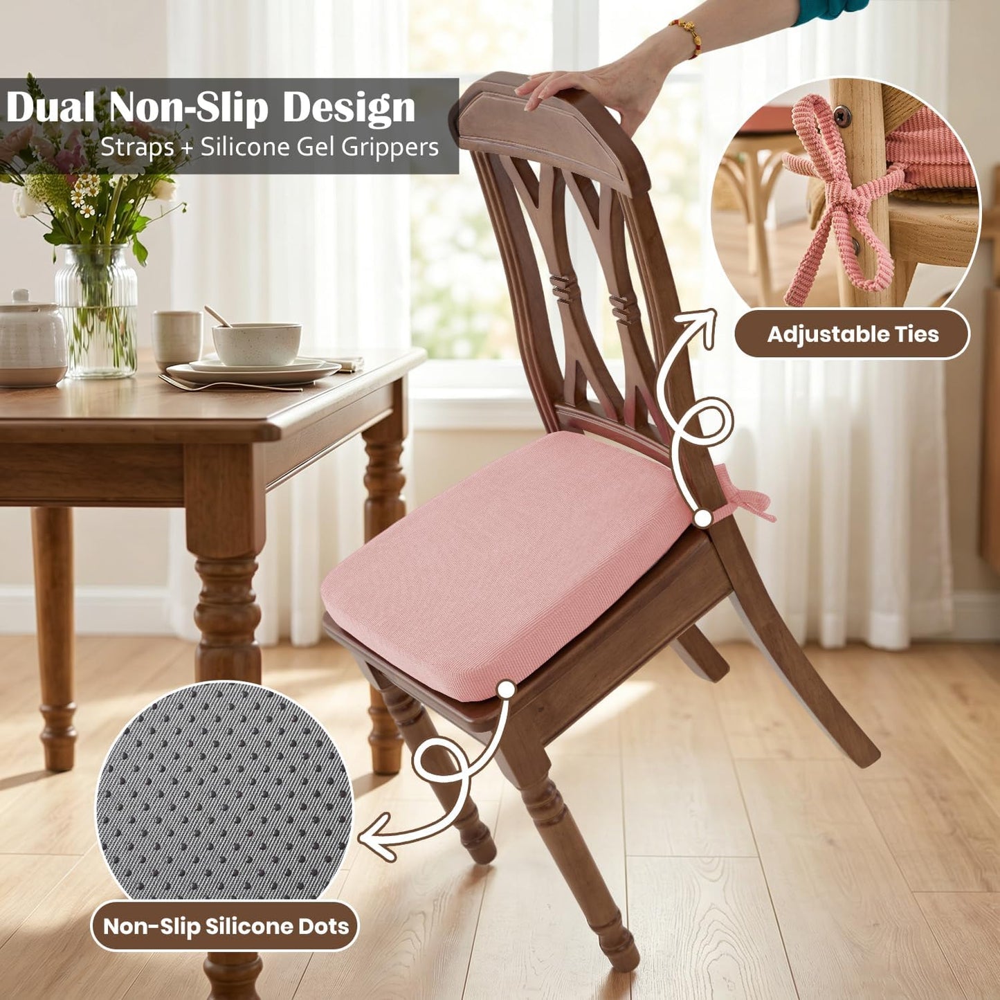 Dining Chair Cushions Set of 4-2" Thick High-Density Foam Chair Pads with Ties and Non-Slip Bottom, Removable Washable Cover for Dining and Kitchen, 17"x16", Pink