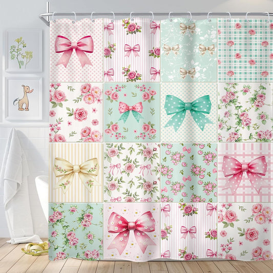 Newsely Boho Bow Floral Shower Curtain 72Wx72L Inch Cute Retro Checkered Patchwork Colorful Flower Pink Green Coquette Girly Bathroom Set Girls Woman Waterproof Bath Decoration Accessories Home Decor