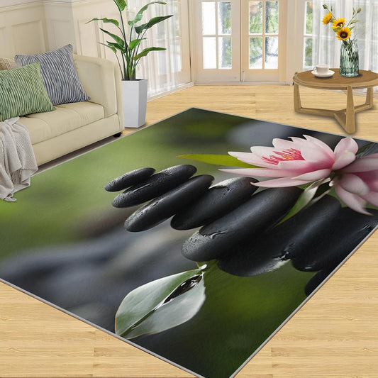 Zen Area Rug - Bathroom Rug 3x4 - Spa Stone Rugs for Bedroom Pink Lotus Design - Soft & Non Slip & Washable Rugs for Living Room - Green Leaves Decor