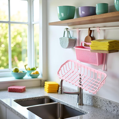 Pink Multifunctional Drain Rack, Hanging Storage Rack Drain Rack Sink Shelf Suction Cup Dishwashing Soap Sponge Holder for Kitchen Accessories