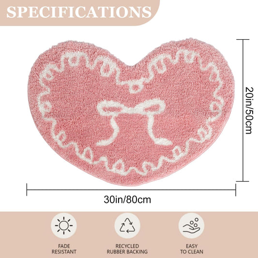 Pink Heart Bow Bathroom Mat Coquette Non Slip Heart Shaped Bow Rug Cute Girly Carpet Room Decor Microfiber Absorbent Bath Rug for Bathroom Bathtub Shower Bedroom (Pink)