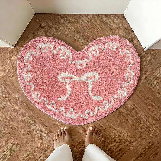 Pink Heart Bow Bathroom Mat Coquette Non Slip Heart Shaped Bow Rug Cute Girly Carpet Room Decor Microfiber Absorbent Bath Rug for Bathroom Bathtub Shower Bedroom (Pink)
