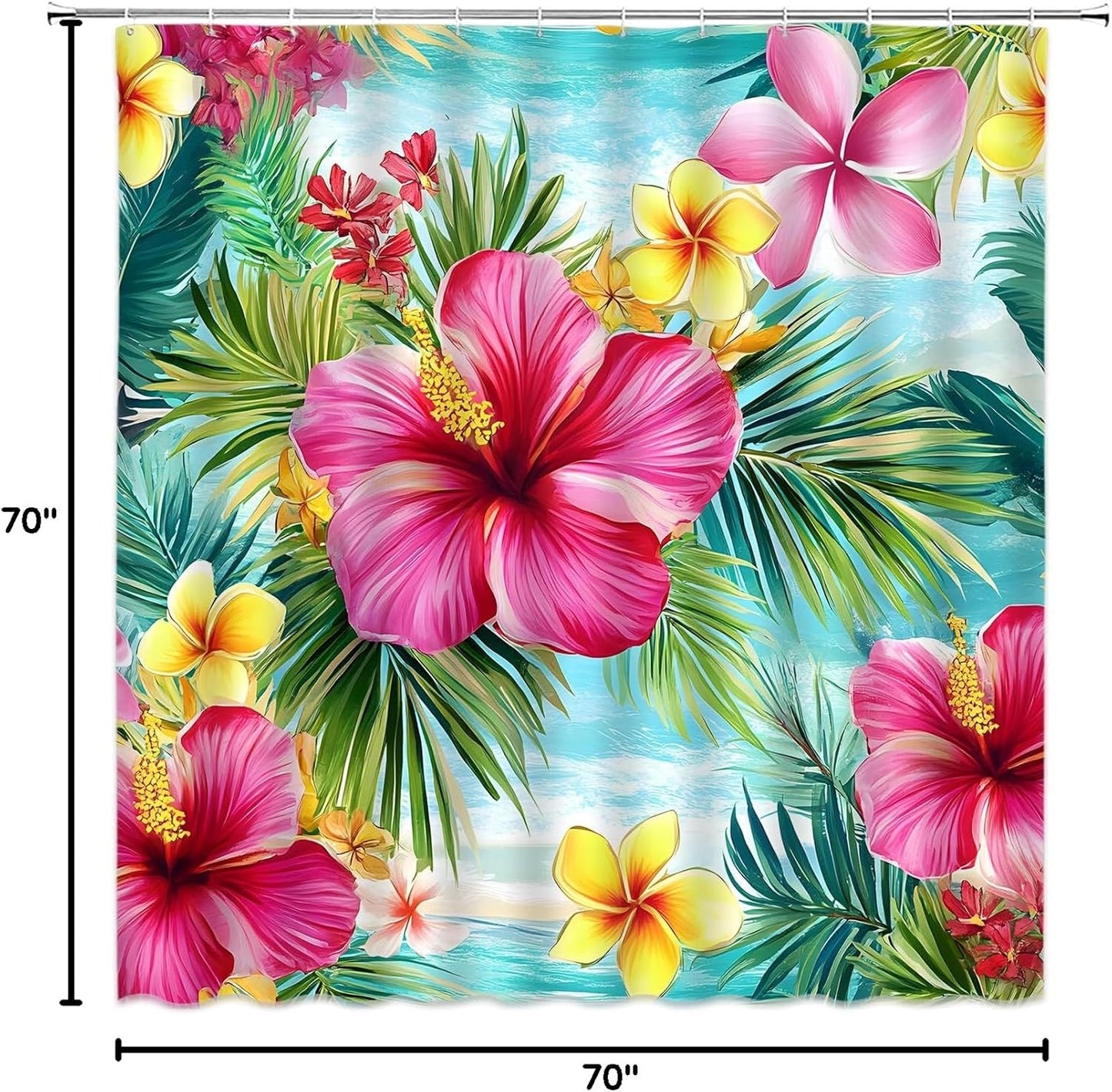 Tropical Flower Shower Curtain Blooming Pink Hibiscus Green Palm Leaf Rainforest Floral Leaves Plants Botanical Home Fabric Bathroom Decor Set Include Hooks,70" WX70 H