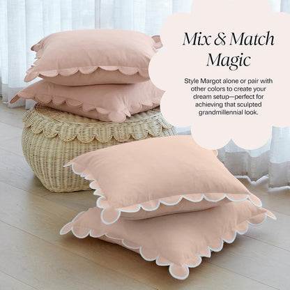 BEBE BASK Scalloped Pillow Cover - Set of 2-18 x 18 Inch - Scallop Pillow Covers – Peach Pink Scalloped Pillows - Scallop Pillows - 100% Cotton - Grandmillennial Style (Peach Pink/White)