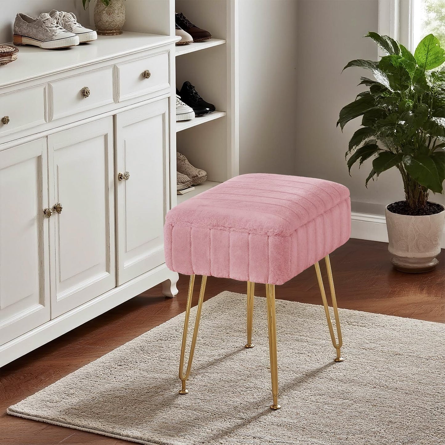 FUXA Vanity Stool with Storage, Pink Vanity Chair 4 Metal Legs with Anti-Slip Feet, Faux Fur Soft Padded Seat, Cute Small Footstool Ottoman, Modern Multifunctional Chairs for Makeup Bedroom