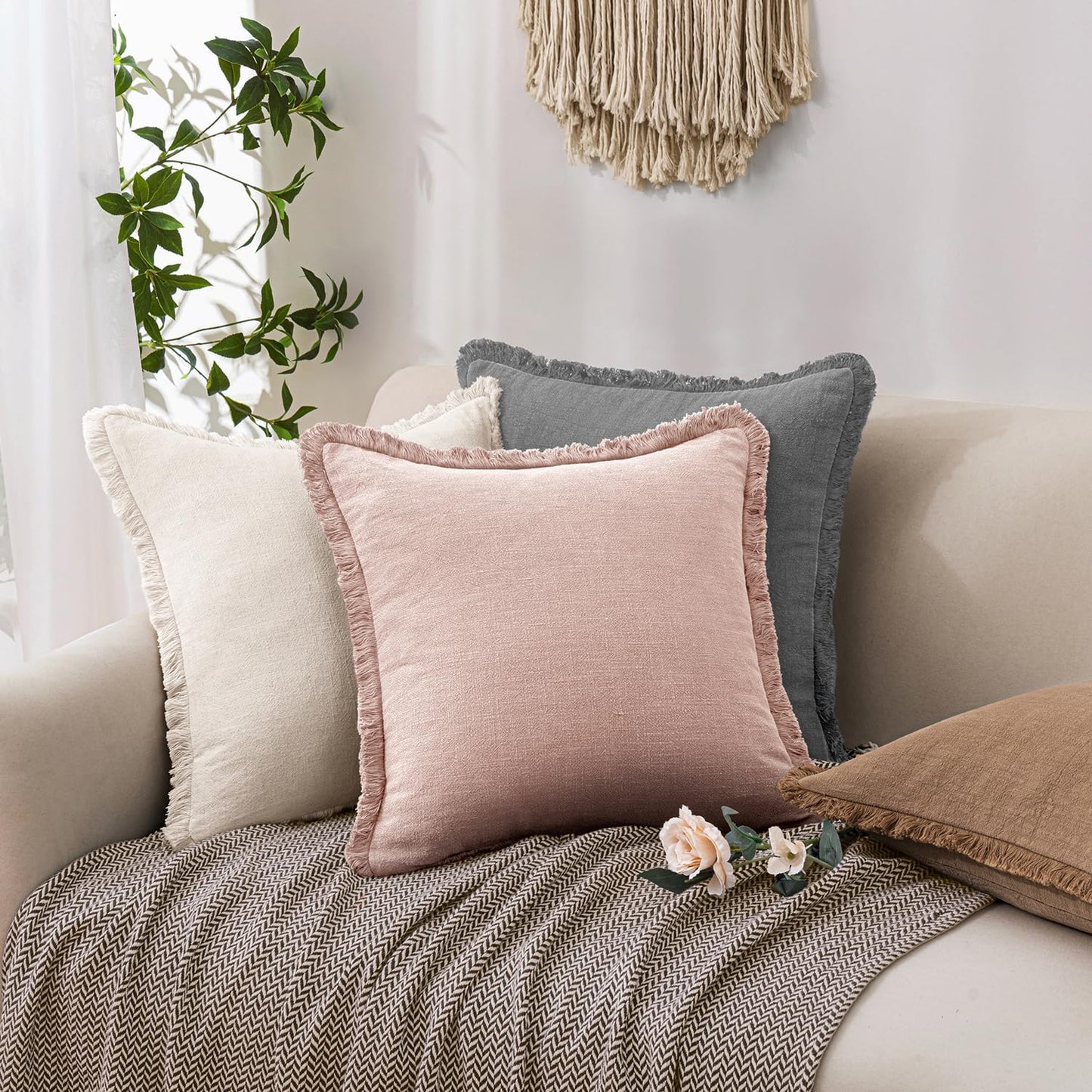 Decorative Linen Fringe Throw Pillow Covers Boho Farmhouse Soft Cushion Covers Accent Pillows with Tassels Valentines Home Decor for Living Room Couch Sofa Bed,18x18 Inch Set of 2,Light Pink