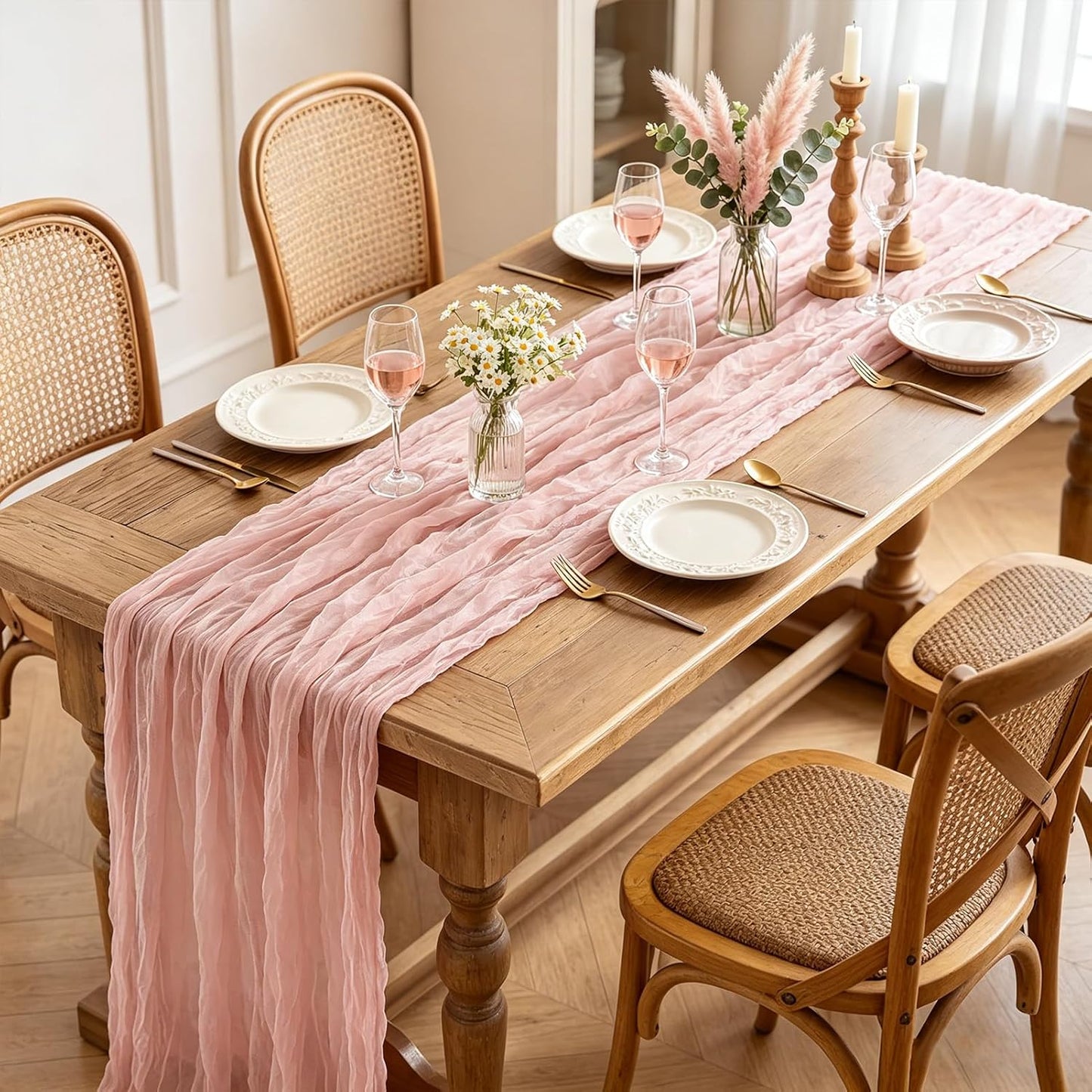 Pink Cheesecloth Table Runner, 10FT Dusty Pink Boho Gauze Table Runner for Spring Easter Girl Baby Shower Bridal Shower Wedding Tea Party Pink Birthday Decorations
