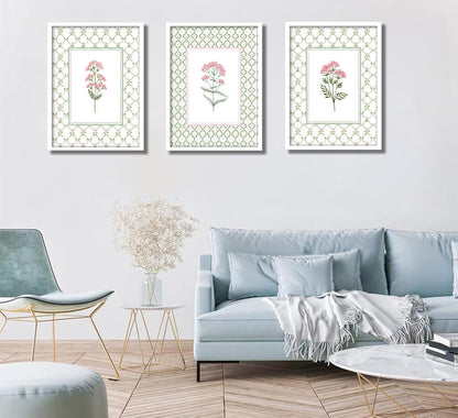 3Pcs Pink Green Floral Wall Art Wildflower Baby Room Painting Picture Wall Decor Pastel Botanical Poster Print Artwork for Bedroom Living Room Girls Bedroom Nursery Dining Room Home Decoration