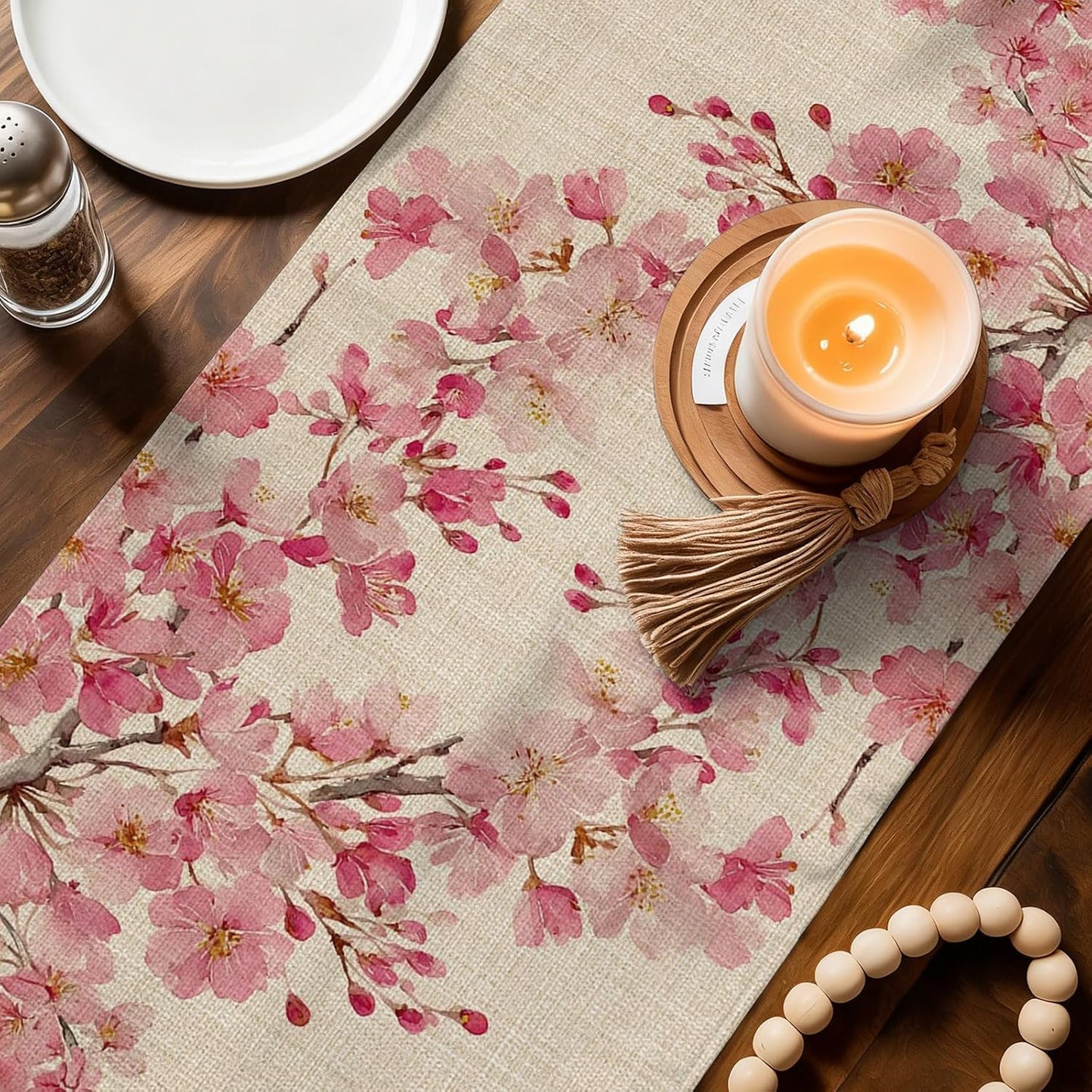 Table Runner 60 Inches Long, Peaches Branches Decorative Table Runner for Party Wedding Home Decor, Farmhouse Spring Botanical Pink Flowers Dresser Scarves for Bedroom Kitchen Tables Decor 13x60 Inch
