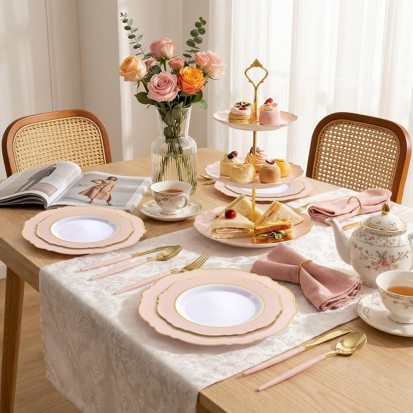 WDF 30Guest Pink Plates Disposable - Hign-end Baroque Design - Gold Plastic Silverware with Handle-Baroque Pink &Gold Plastic Dinnerware for Baby Shower/Wedding/Birthday/Party