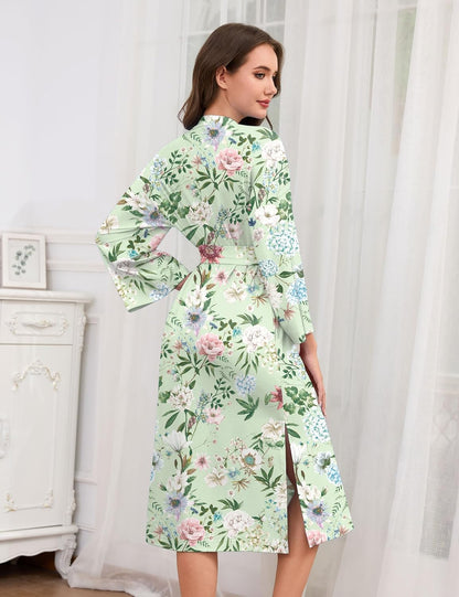 Soft Robes for Women V-Neck Printed Kimono Bathrobe Lightweight Long Bath Robe Casual Loungewear with Pockets