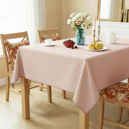 Cotton Tablecloth 60 x 75 Inch Rectangle – Rust Blush Table Cloth with Embroidered Edge Trim - Table Cover for Dining Room, Farmhouse, Kitchen, Home, Party & Wedding Décor
