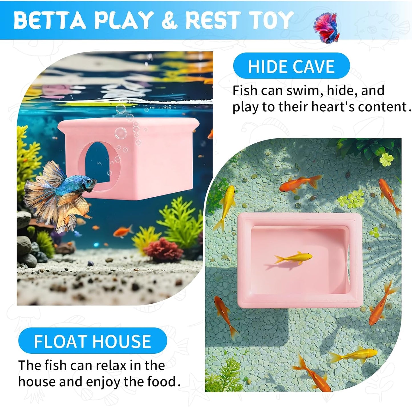 Floating Betta Fish Hammock Cave House for Aquarium, 3D Printed Betta Shrimp Feeder & Hideout Cave Toys, Small Aquarium Feeding Ring Decor, Turtle Fish Tank Decorations Accessories -Pink