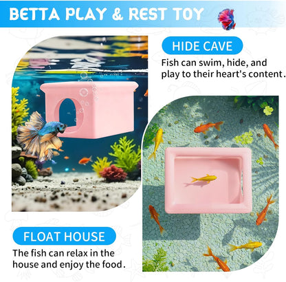 Floating Betta Fish Hammock Cave House for Aquarium, 3D Printed Betta Shrimp Feeder & Hideout Cave Toys, Small Aquarium Feeding Ring Decor, Turtle Fish Tank Decorations Accessories -Pink