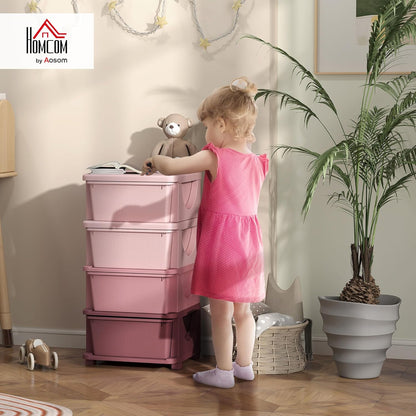 Qaba 4 Tier Kids Storage Unit, Toy Organizers and Storage with 4 Drawer Chest for Kids Bedroom Nursery Kindergarten Living Room for Boys Girls Toddlers, Pink