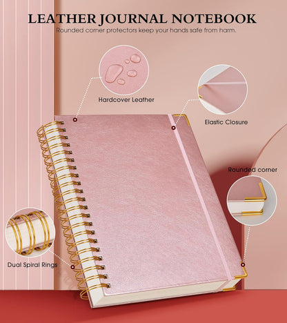 Spiral Notebook Journal 5.75” x 8.38”, 300 Pages Hardcover Leather Lined Journals for Women Men, A5 Small College Ruled Notebooks with 100 GSM Thick Paper, Spiral Journal for Writing Work School, Pink