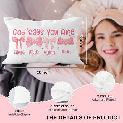 Pink Bow Coquette Christian Pillow Covers 12x20, Pink Coquette Room Decor, Girly Bedroom Decor, God Says You are Affirmation Bible Verse Pillow Covers, Christian Gifts for Women Teen Girls