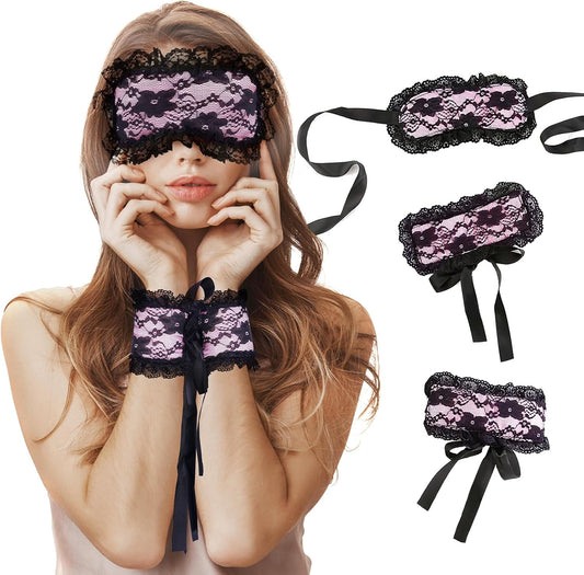 FRESHME Blindfold Sleep Mask and Hand Ties - 3 Pcs Pink Black Cute Comfortable Lace Blackout Sleeping Eye Mask Cover Blind Folds for Couples Women, Lovely Valentines Day Gift for Her Girlfriend Wife