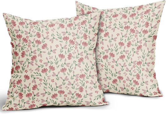 Green Pink Floral Pillow Covers 18x18 Set of 2 Vintage Rustic Old Style Cute Small Flower Print Decorative Outdoor Pillowcases Farmhouse Throw Cushion Case Decor for Couch Sofa Bed